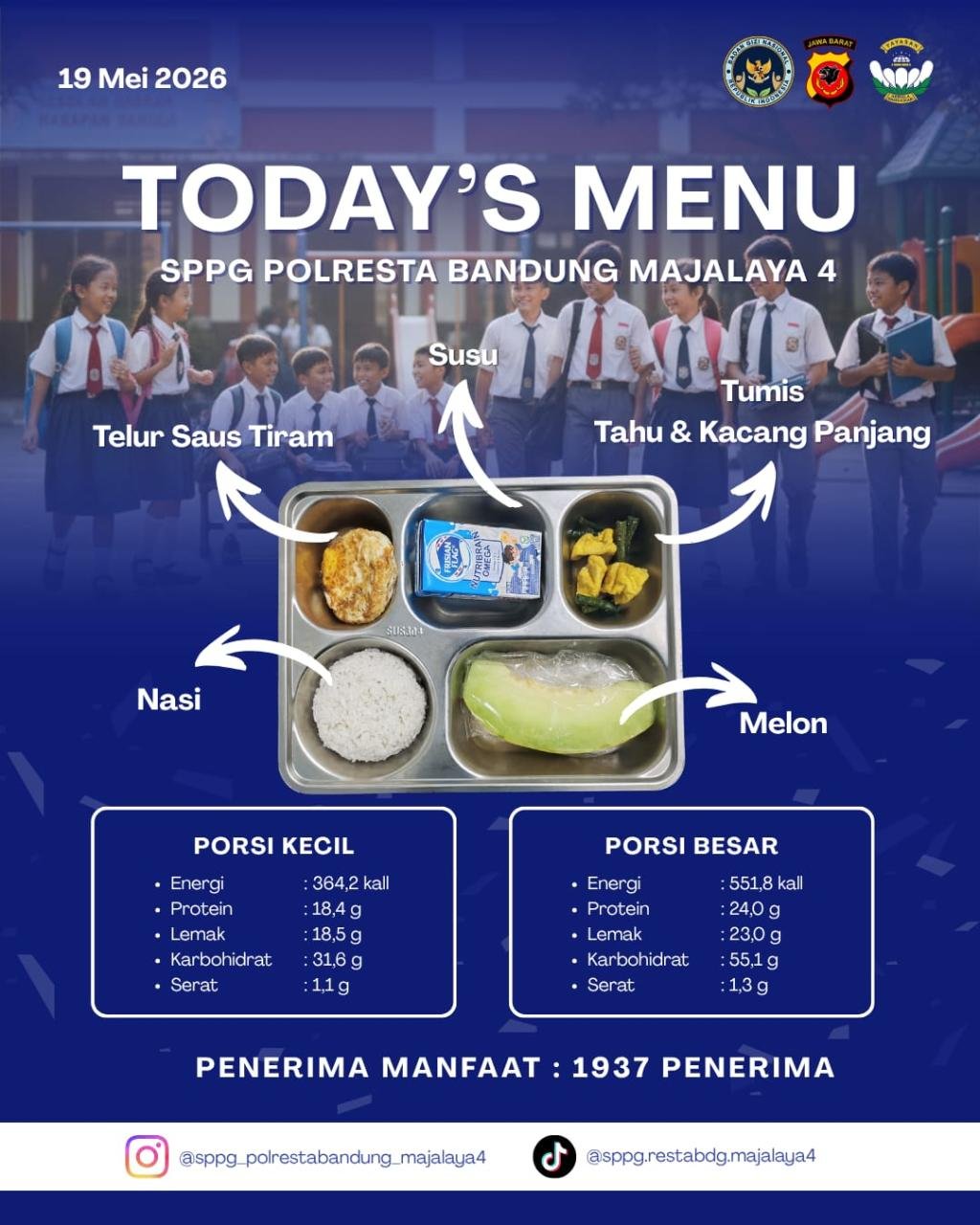 Nasi + Telur Saus Tiram + Tumis Tahu Kacang Panjang + Susu + Melon