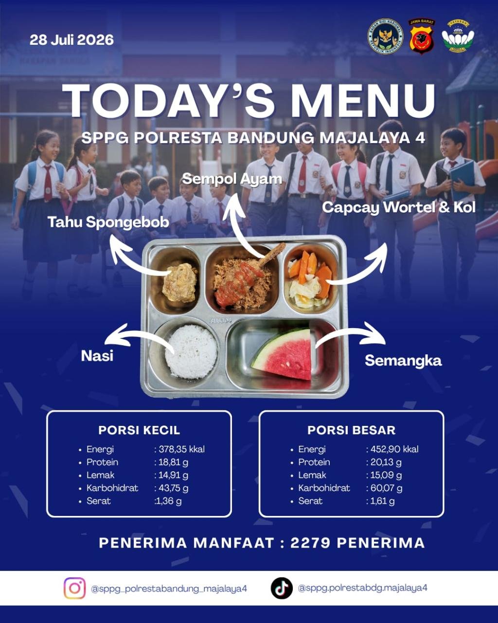 Nasi + Sempol Ayam + Tahu Spongebob + Capcay Wortel Kol + Semangka
